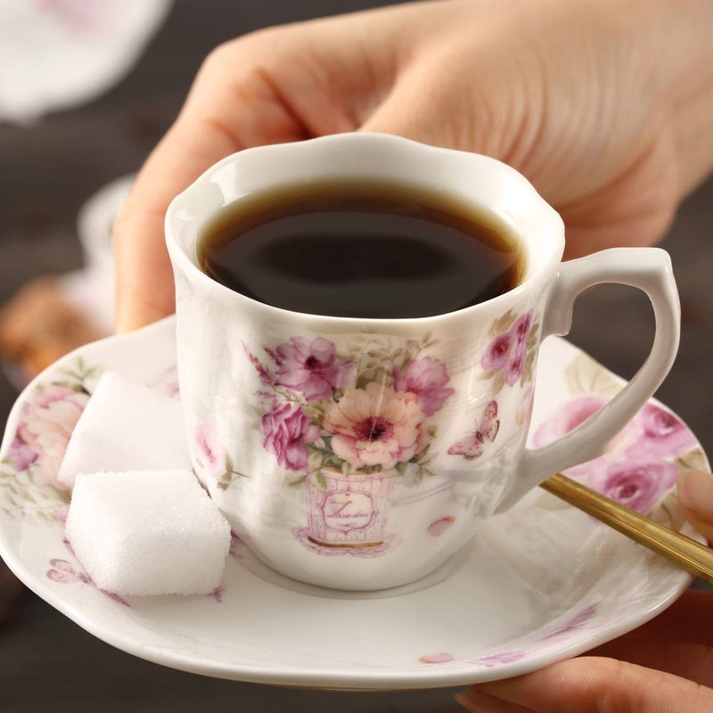 GuangYang 2.5 oz Porcelain Espresso Cups and Saucers Set â€“ Floral Design, Purple Pattern â€“ Gift-Ready, Elegant Mini Coffee Set of 6 for Home or Gifting - Image 4